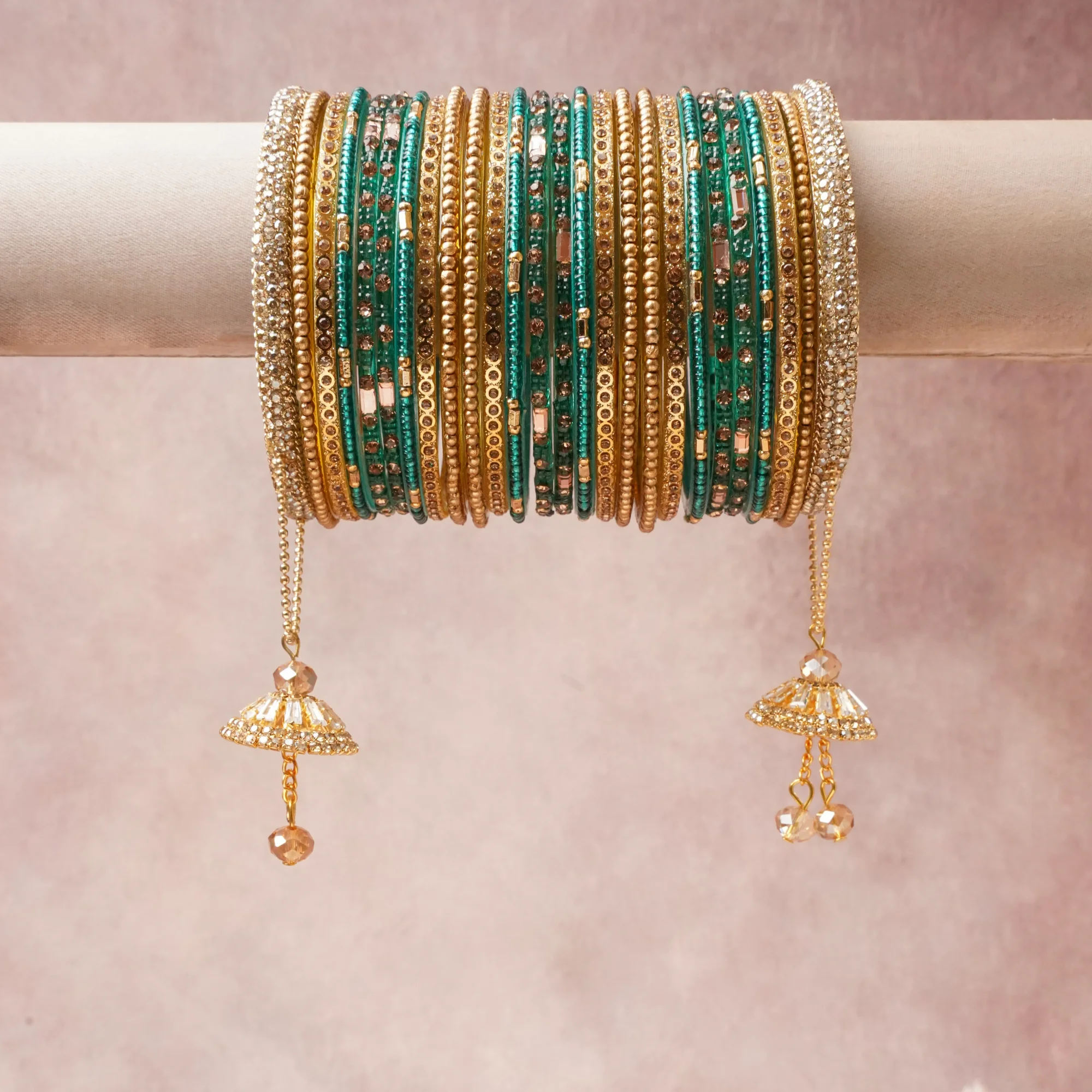 A commanding Gold anchors this beautiful set, enriched with accents of Teal, Champagne Crystal that add depth and dimension.

Featuring a striking composition of Gold-toned Metal, Glass, Crystal, this set carries intricate craftsmanship and strong presence. Grand in form, it is created for moments that deserve to be marked.